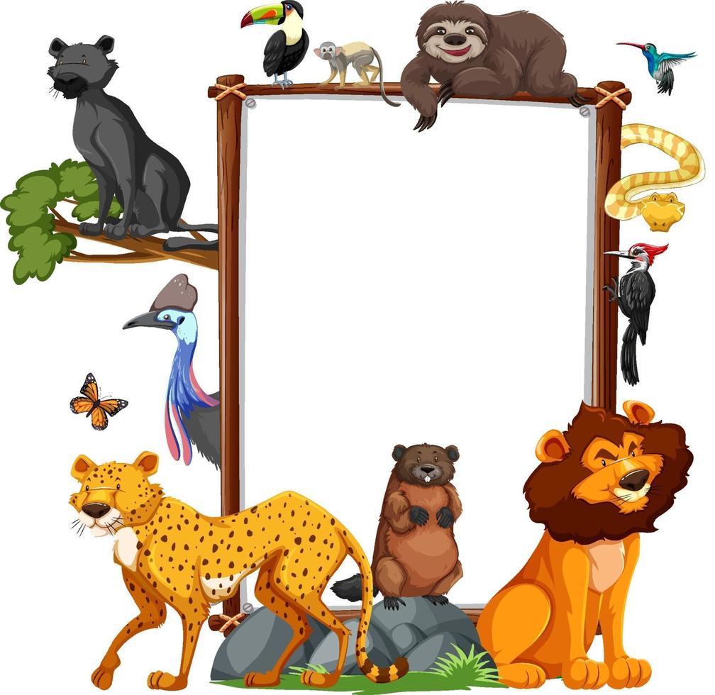 Banner vacío con animales salvajes sobre fondo blanco. vector