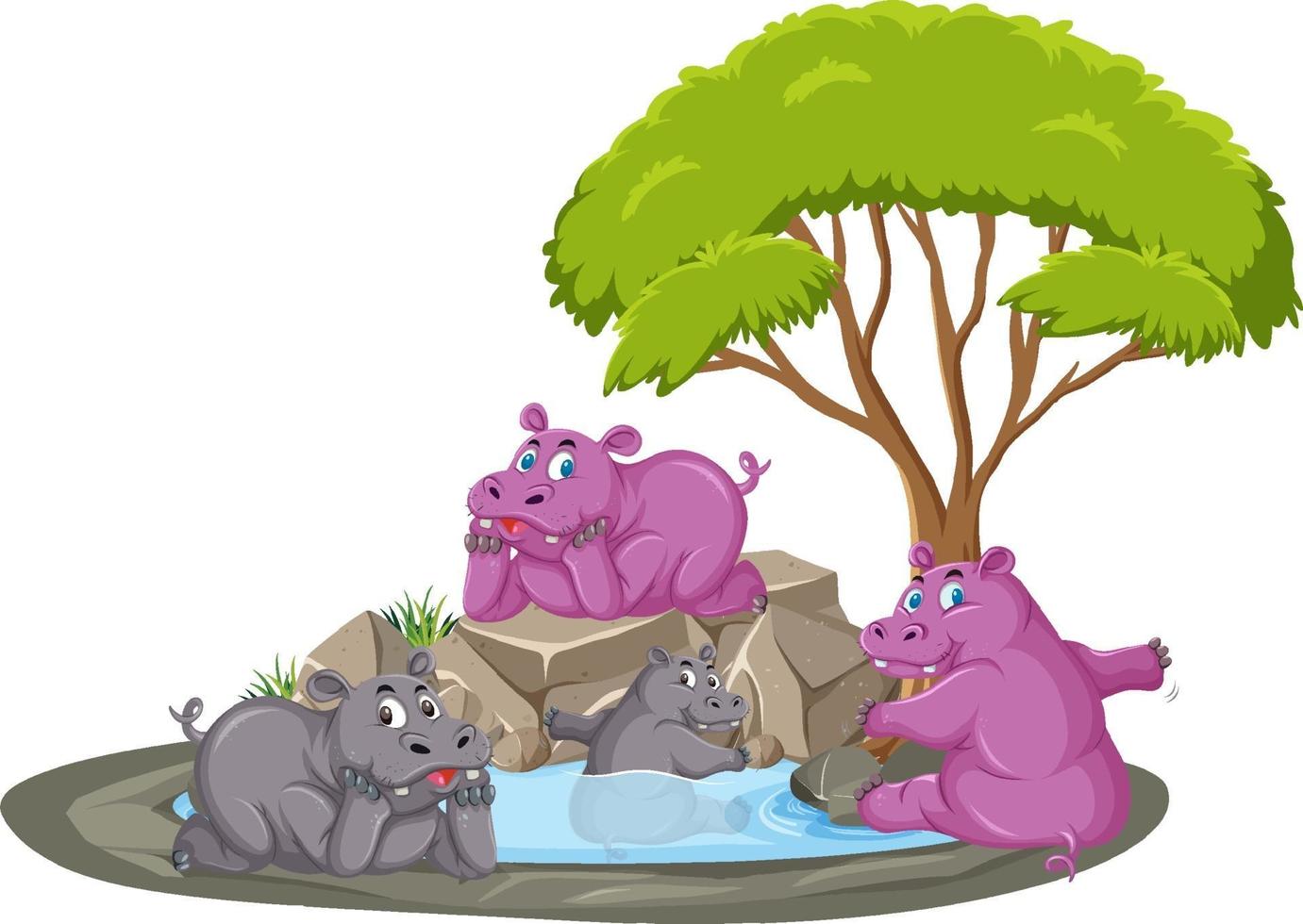 Isolated scene with hippopotamus group in the pond vector