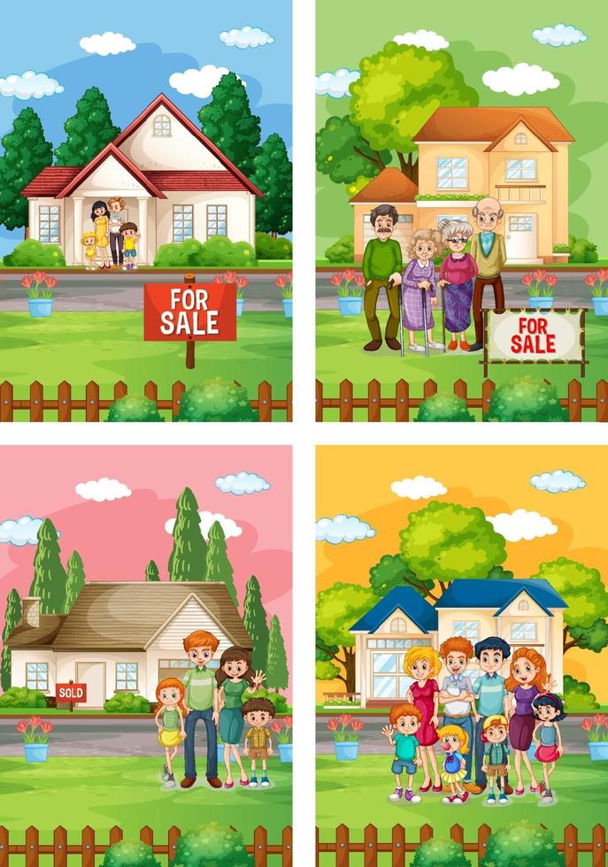 Diferentes escenas de familia de pie frente a una casa en venta. vector