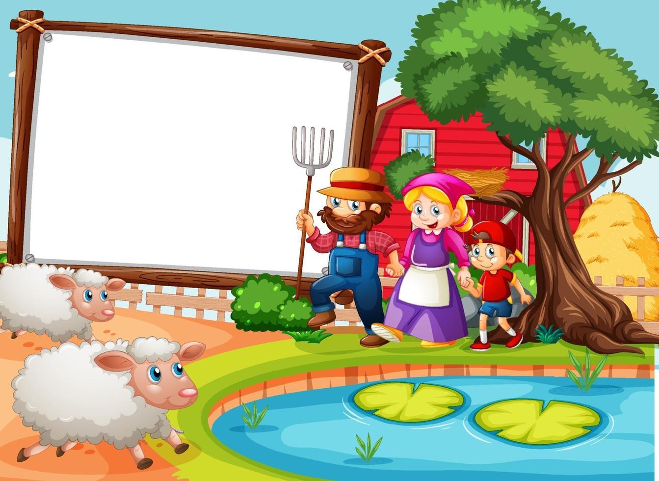 Blank banner in farm scene with happy family and many sheeps vector