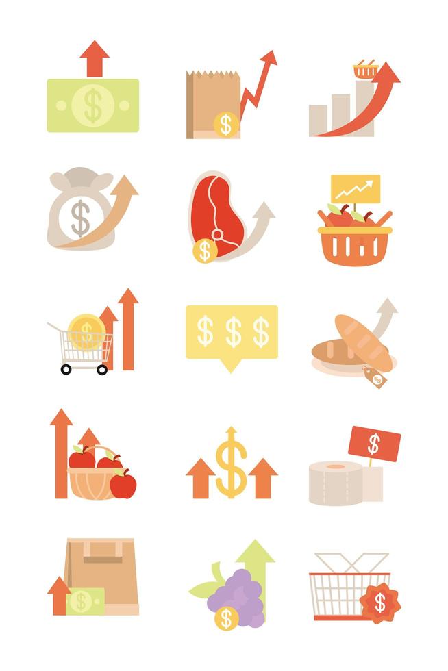 Rising food prices icons set vector