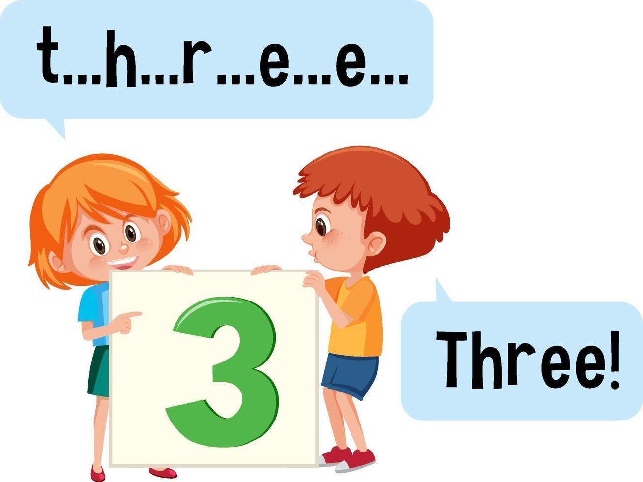 personaje de dibujos animados de dos niños deletreando el número tres vector