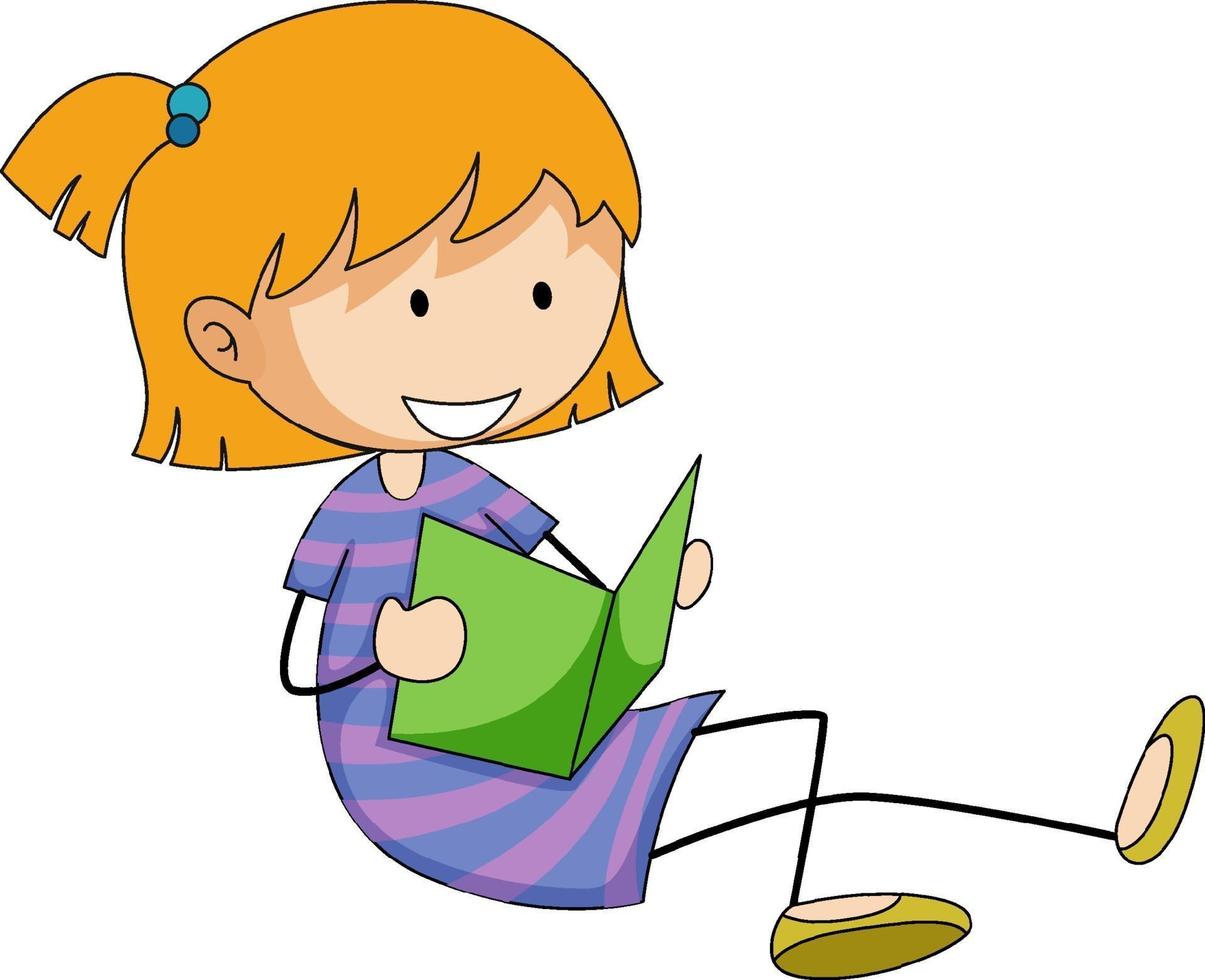 Cute girl reading book doodle cartoon character vector