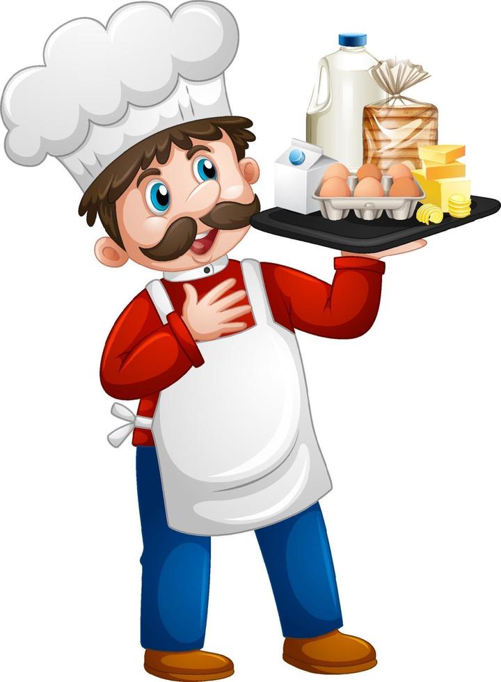 Chef hombre sosteniendo ingredientes alimentarios en un personaje de dibujos animados de bandeja aislado sobre fondo blanco. vector