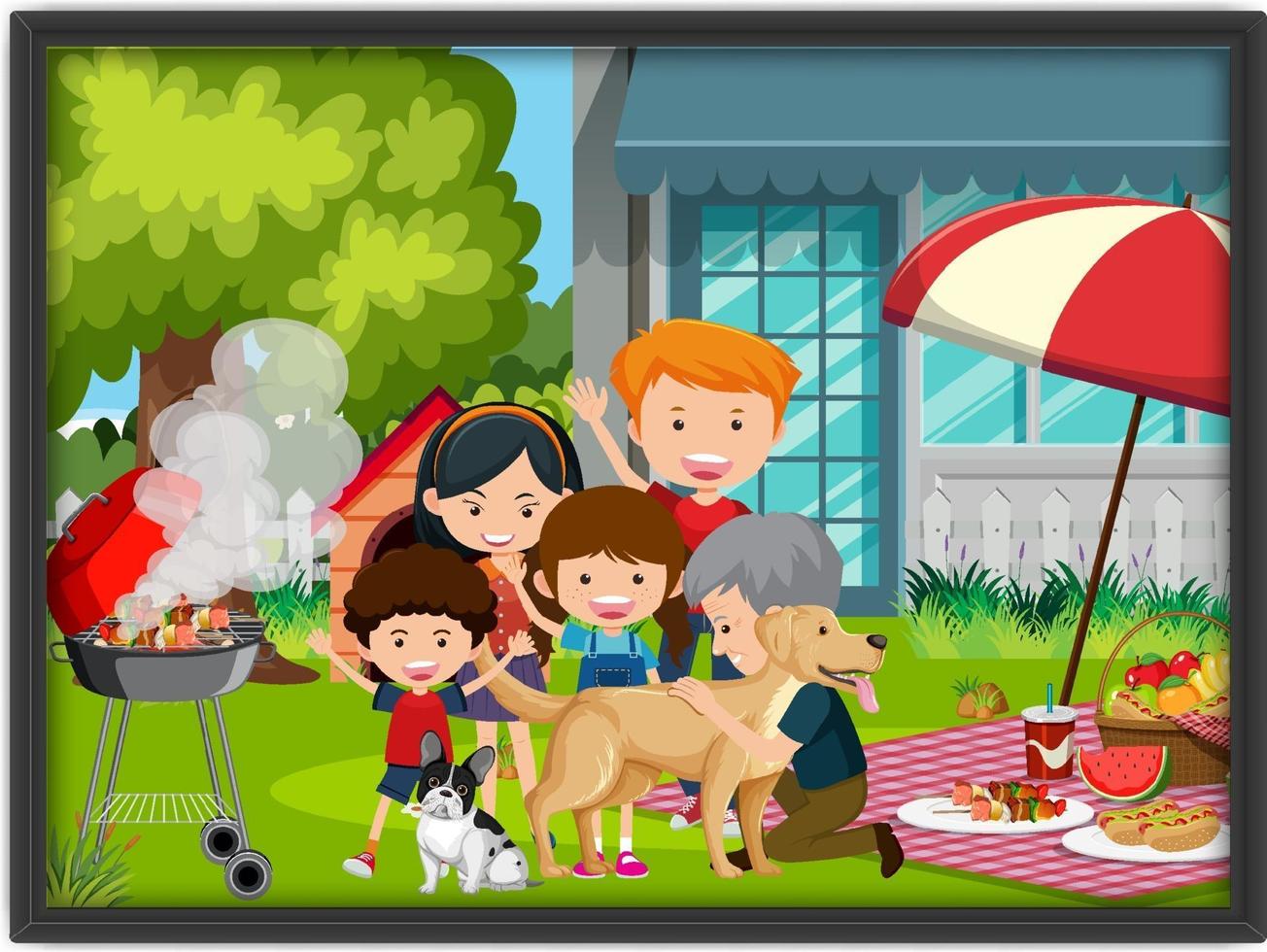 A picture of family doing picnic in a frame vector