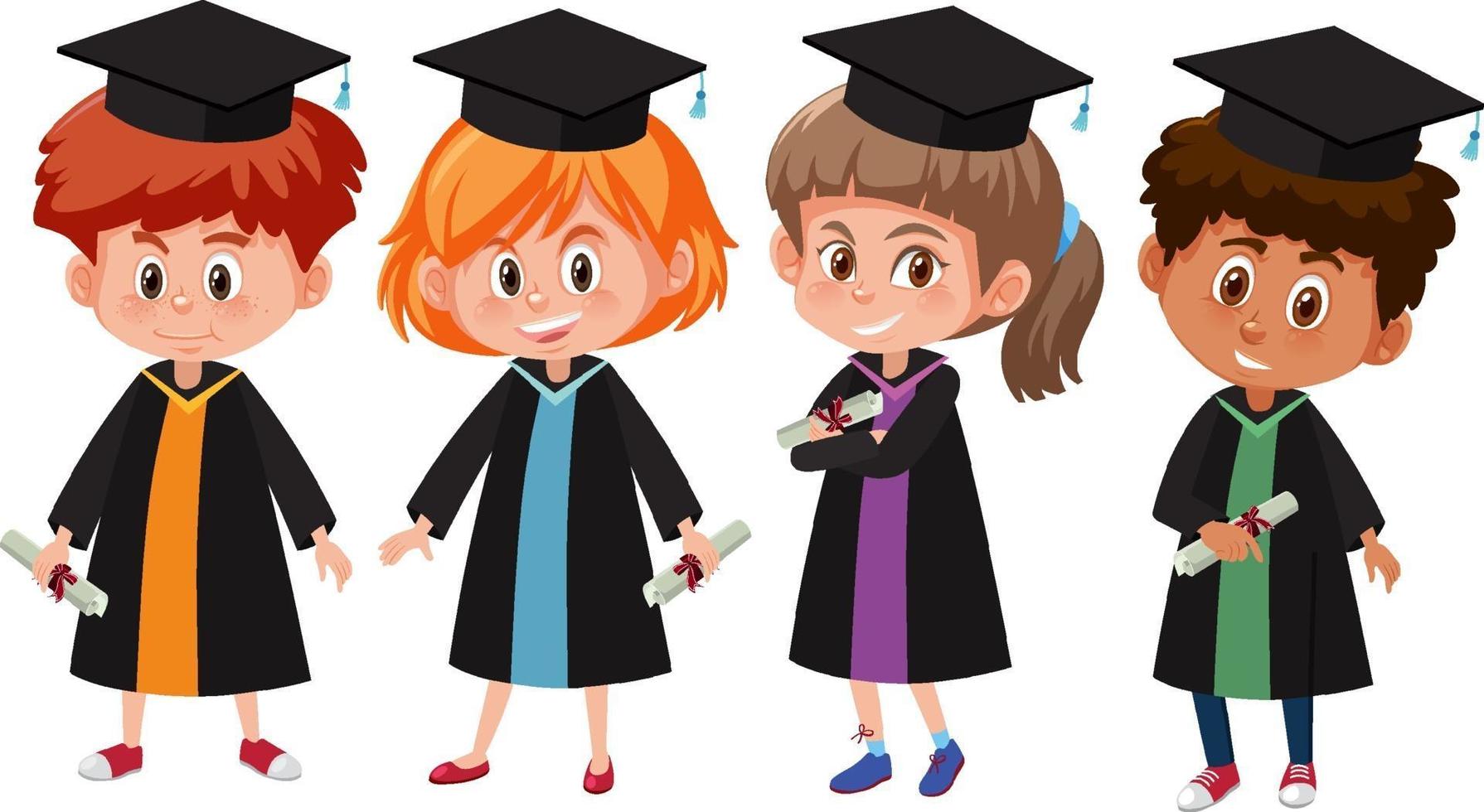 Set of different kids wearing graduation costumes vector