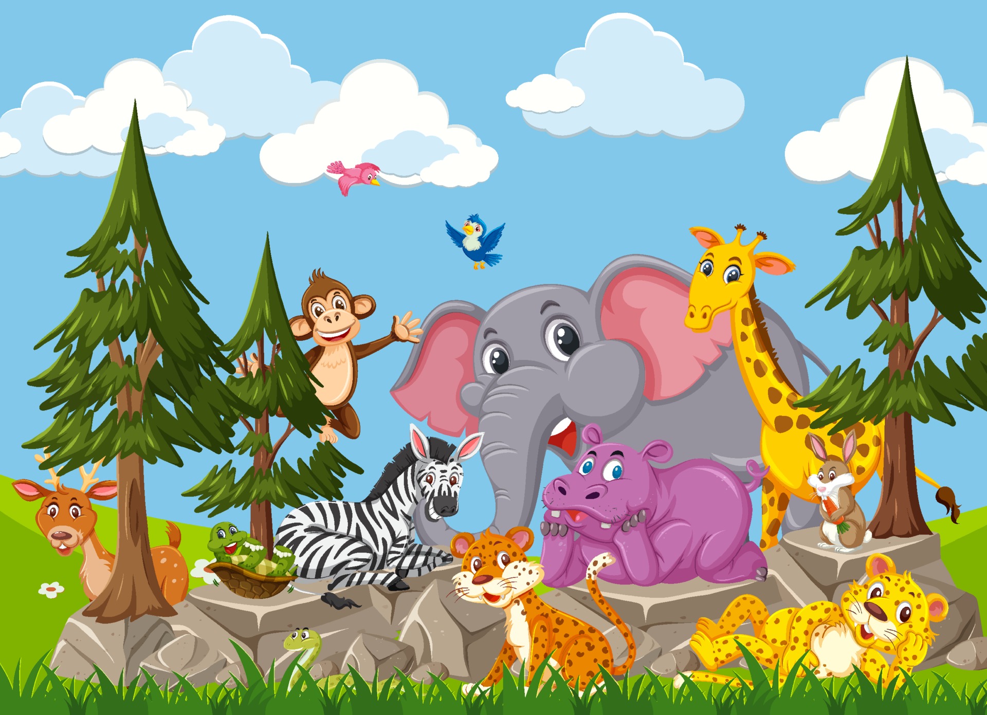 Wild animal group cartoon character in the forest 2062797 Vector Art at  Vecteezy
