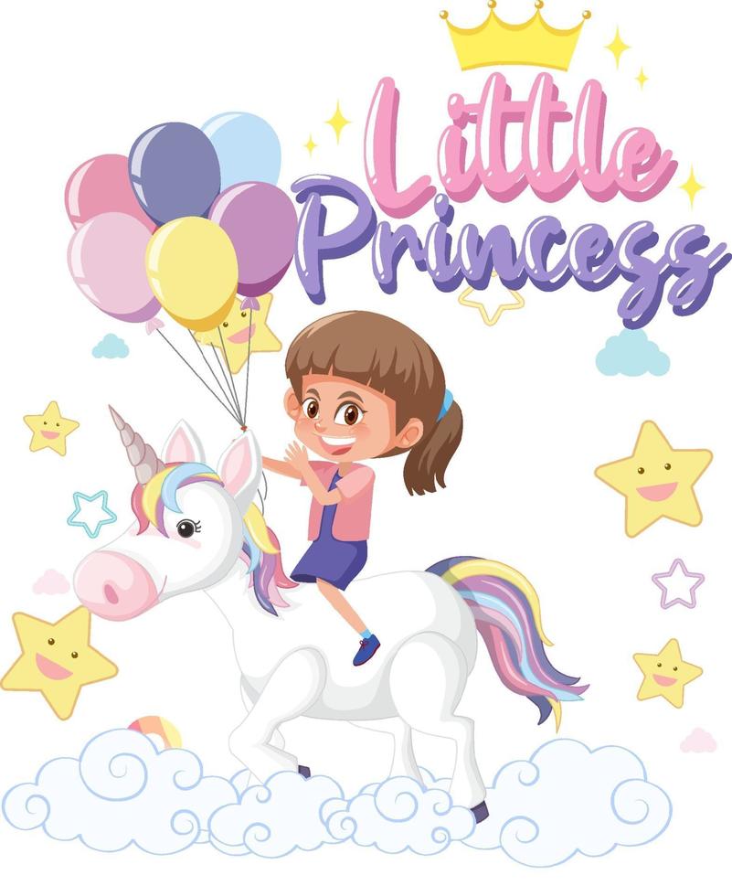 Little girl riding pegasus with little princess font on white background vector