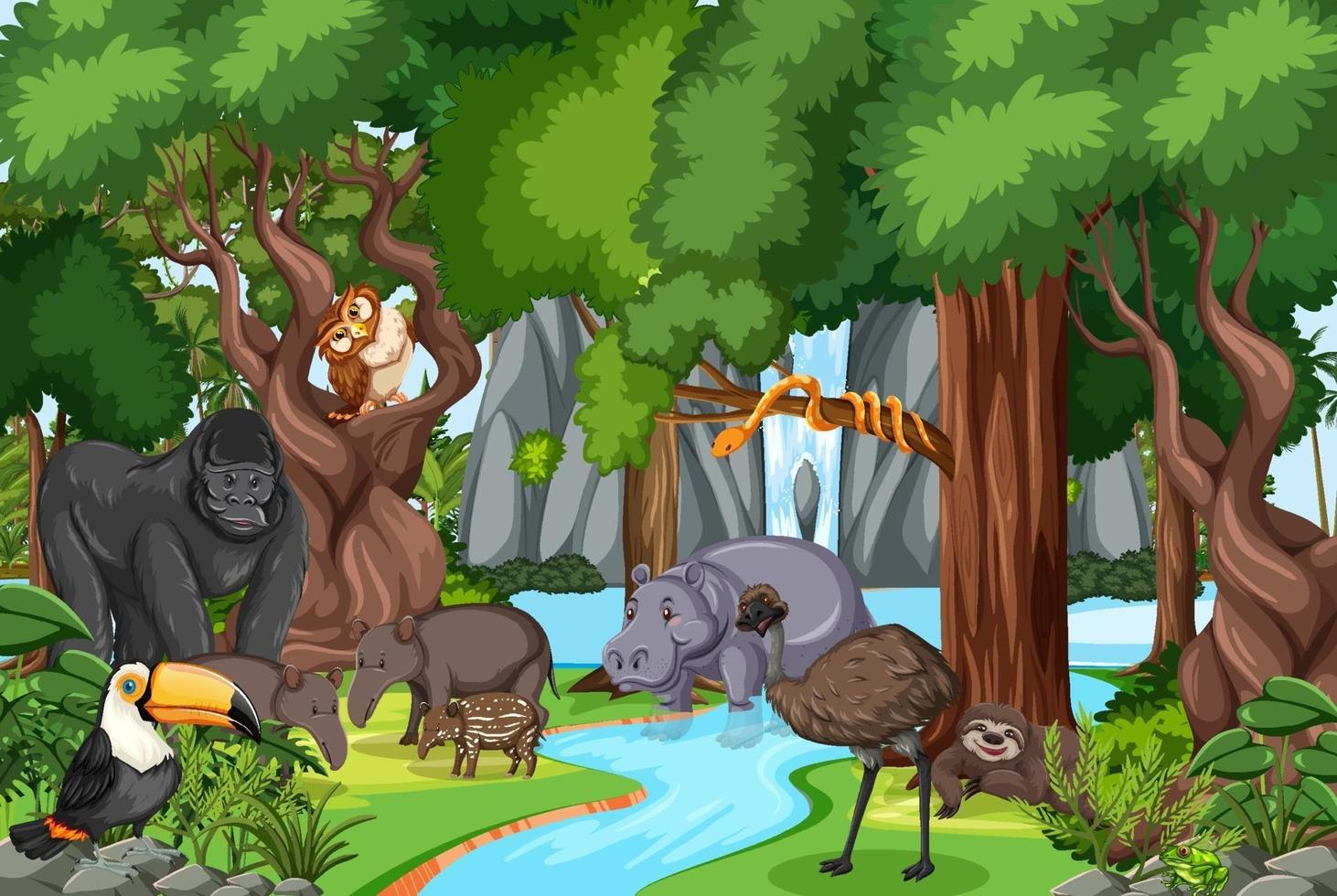 Wild animal cartoon character in the forest scene vector