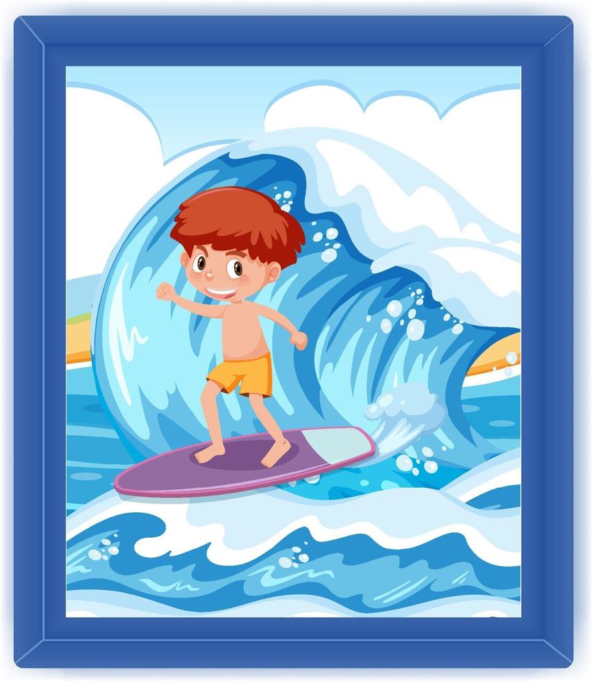 A boy surfing on big wave scene photo in a frame vector