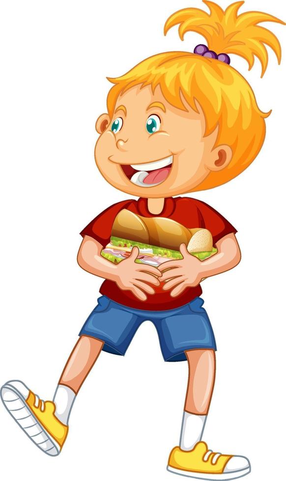 personaje de dibujos animados de niña feliz abrazando sándwich de comida vector