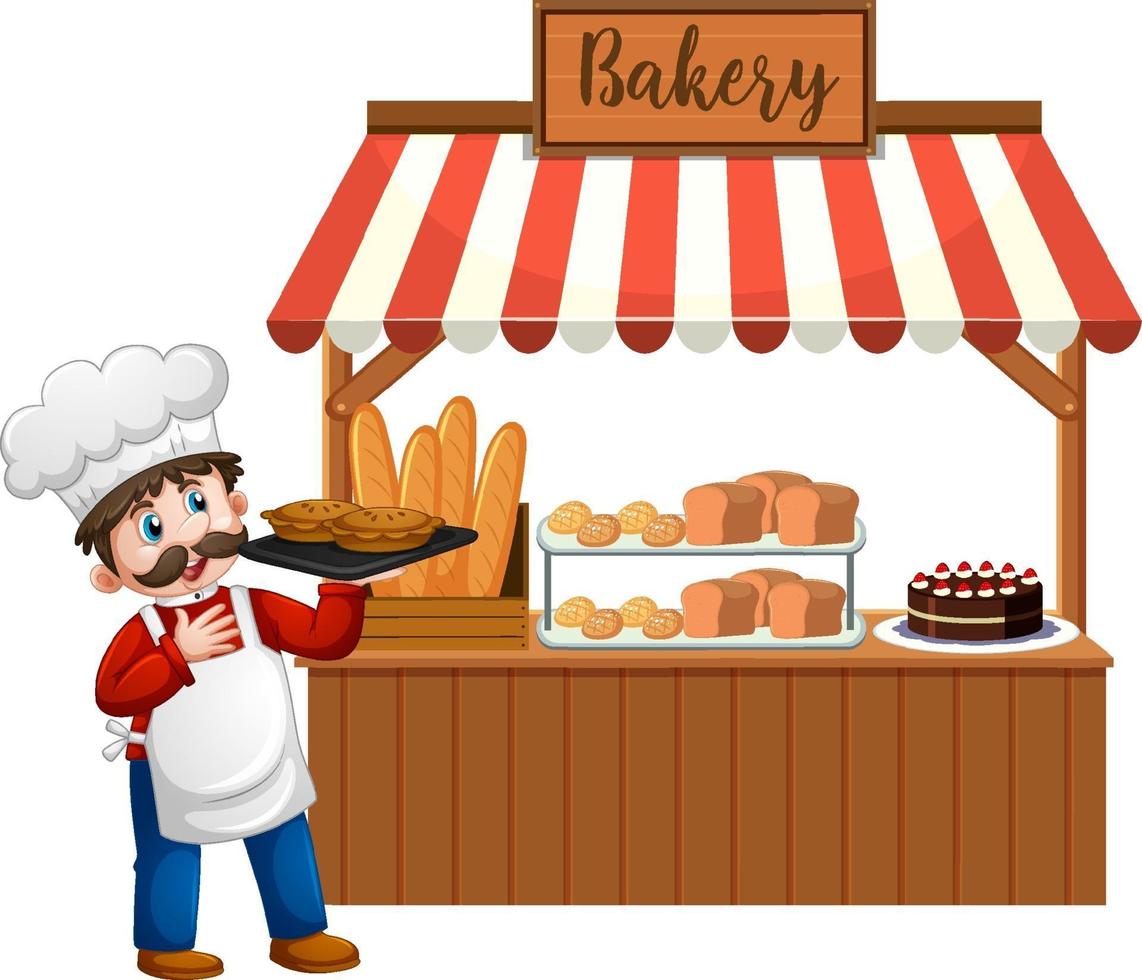 Front of bakery shop with baker isolated on white background vector