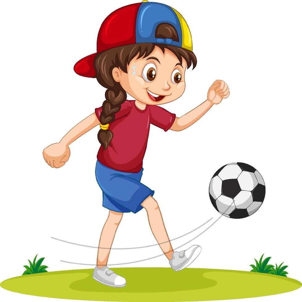 Cute girl playing football cartoon character isolated vector