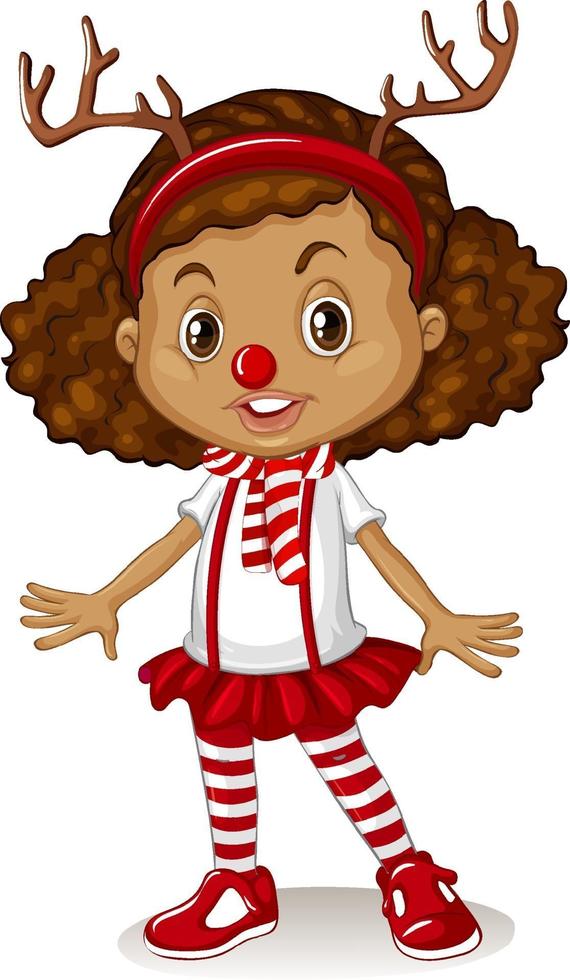 Girl wearing reindeer headband and red nose Christmas costume vector