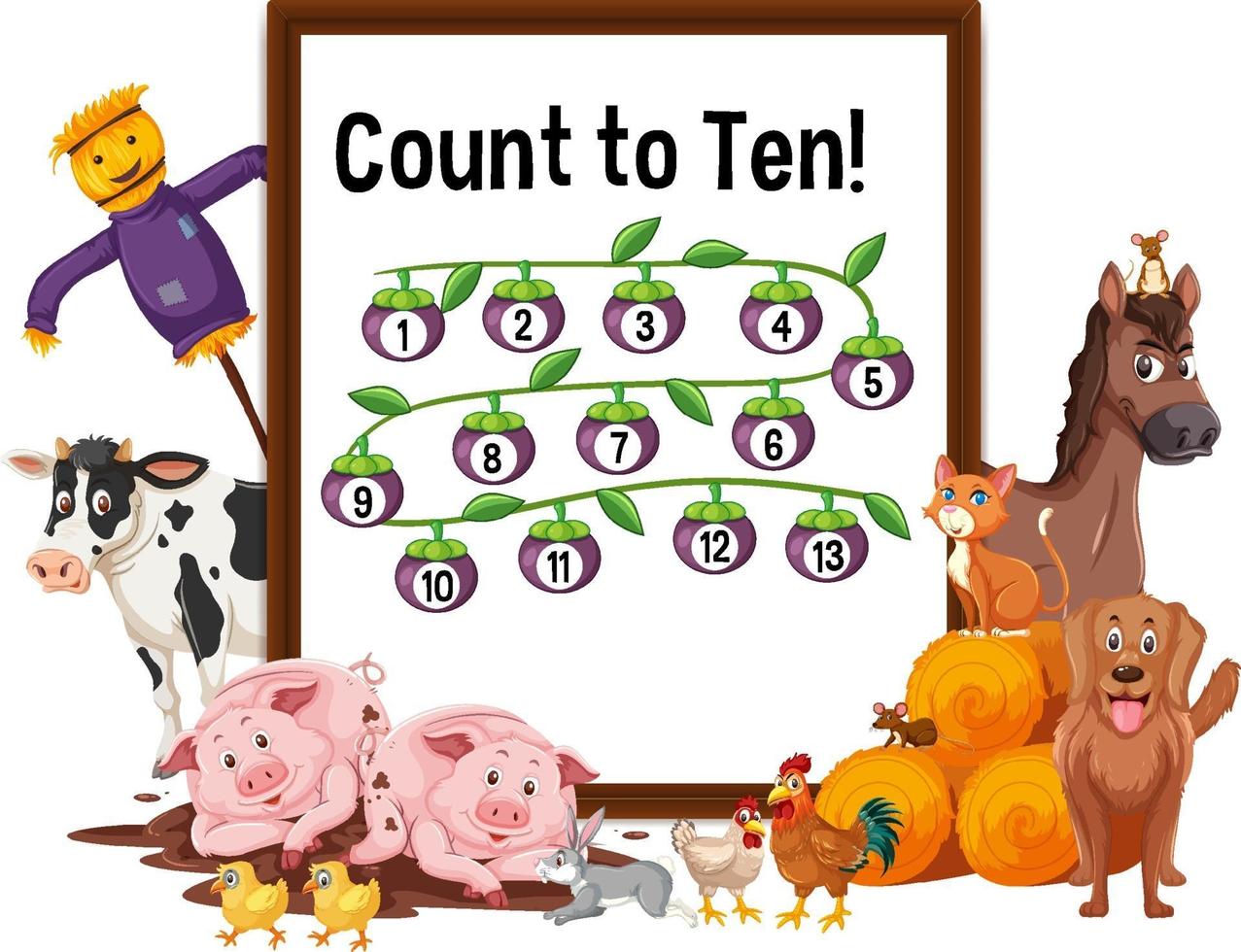 contar hasta diez tablas con animales de granja vector