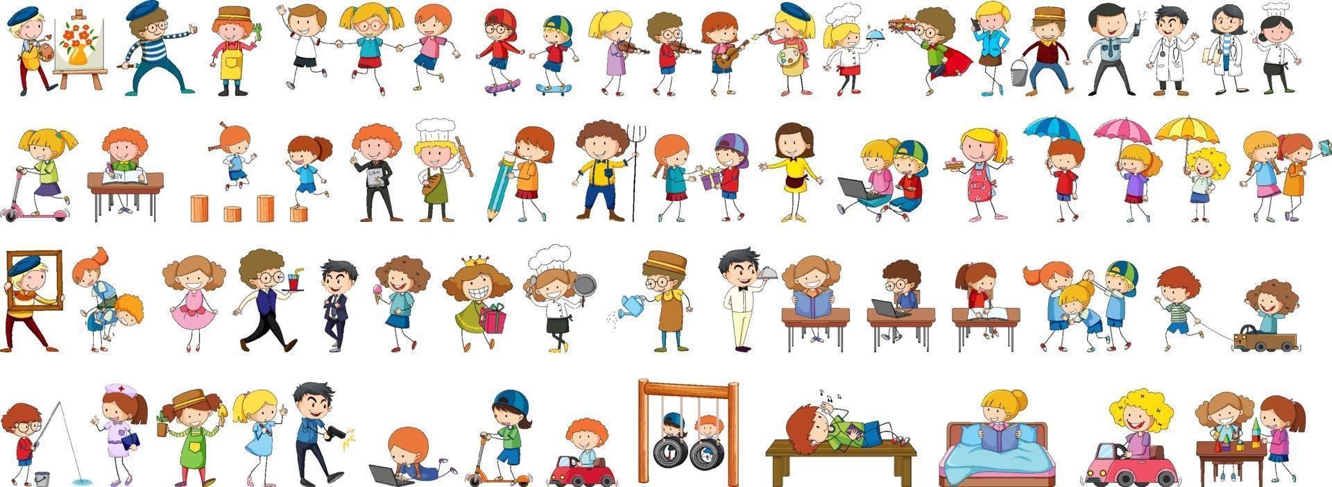 Set of different doodle kids cartoon character vector