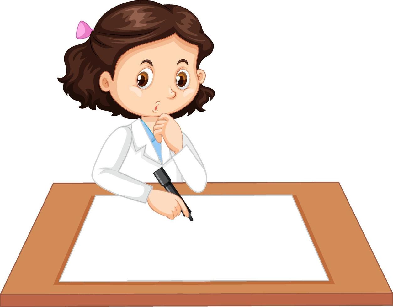 Linda chica vistiendo uniforme científico escribiendo en papel en blanco vector