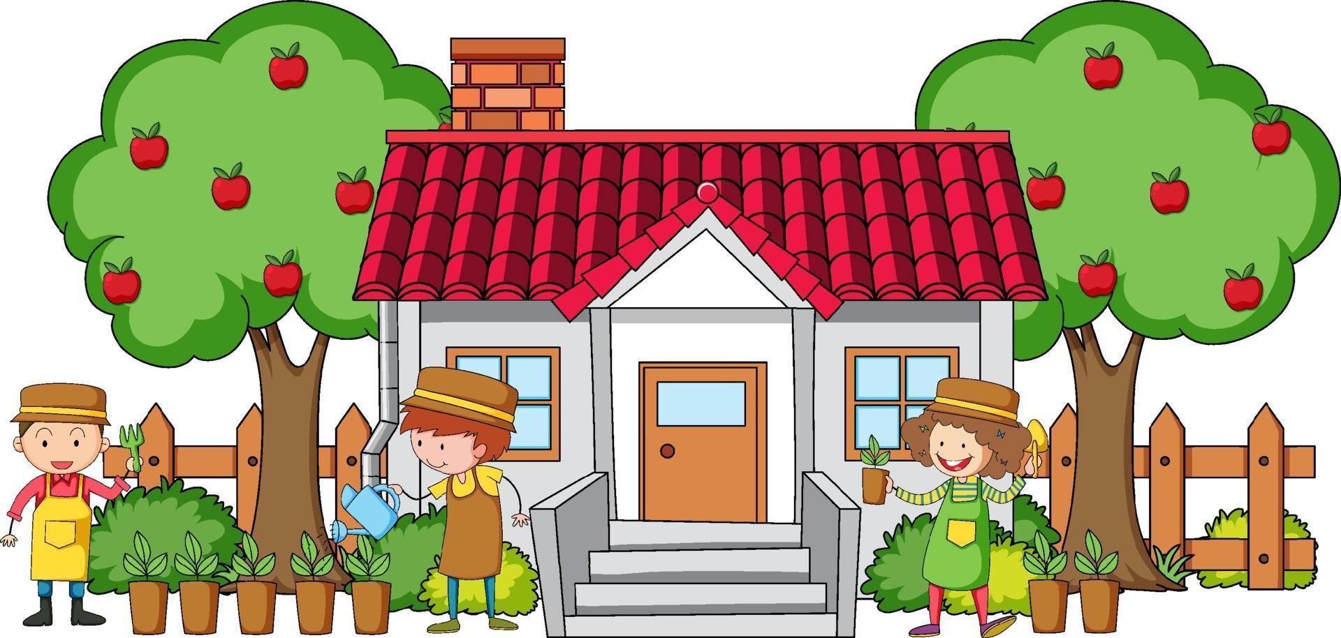 Many kids doing different activities around the house vector