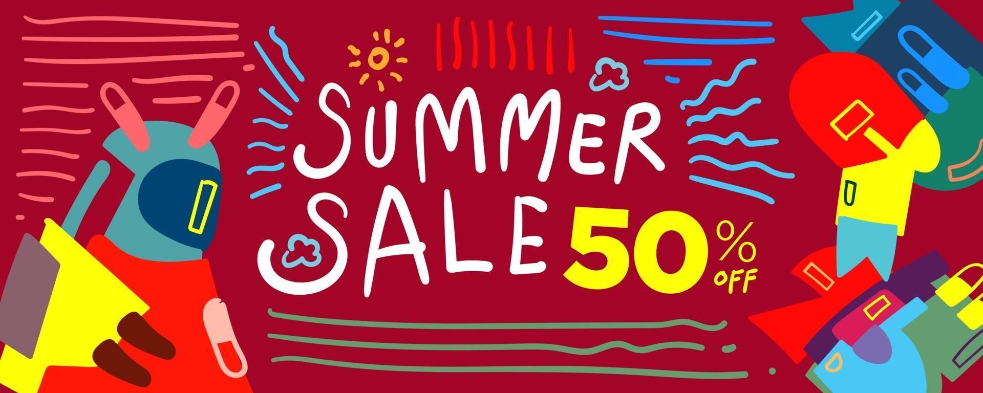 venta de verano descuento colorido cartel y banner. banner de promoción plantilla de cupón de descuento folleto de mercado de oferta especial. Ilustración de vector doodle para ventas de verano.