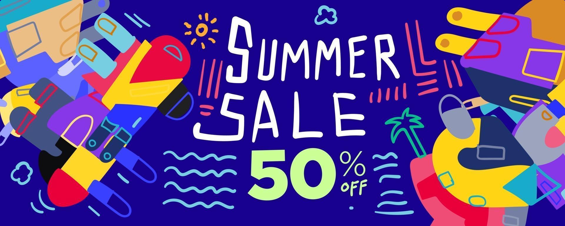 Summer Sale discount Colorful Poster and Banner. Promotion banner discount voucher template special offer market brochure. Vector doodle illustration set for summer sales.