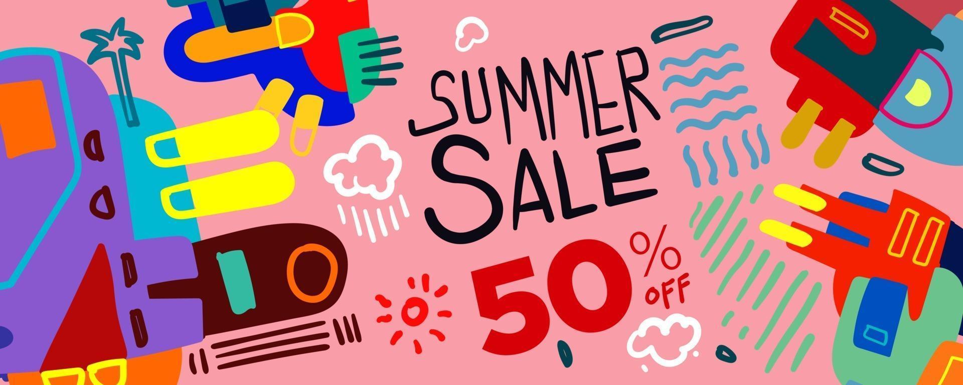 venta de verano descuento colorido cartel y banner. banner de promoción plantilla de cupón de descuento folleto de mercado de oferta especial. Ilustración de vector doodle para ventas de verano.