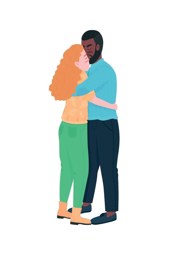 Interracial couple hugging flat color vector detailed characters