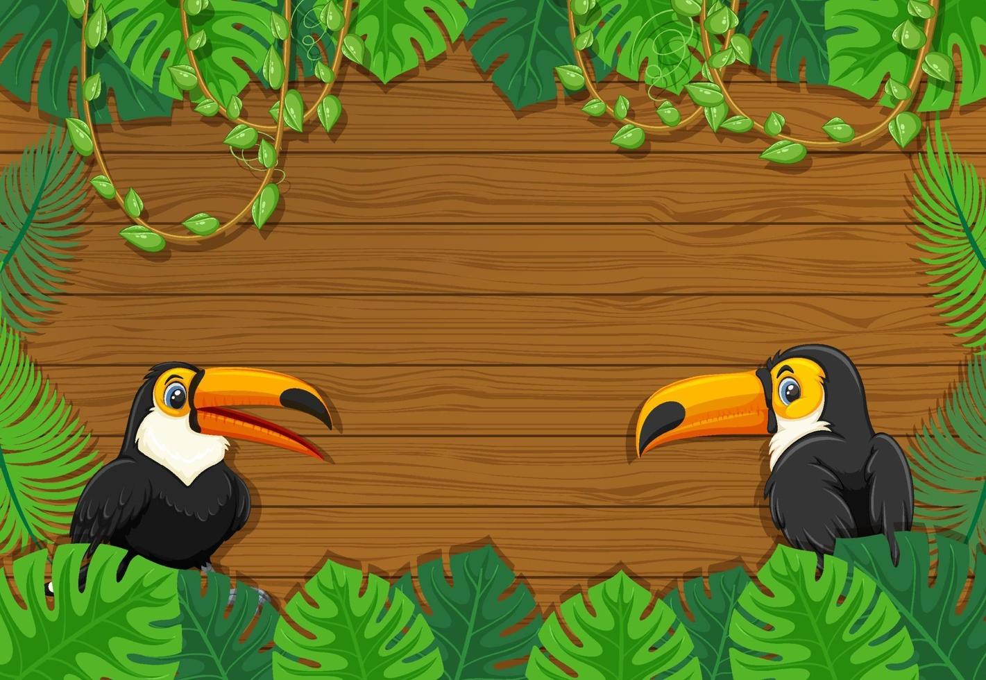 Empty banner with tropical leaves frame and toucan cartoon character vector