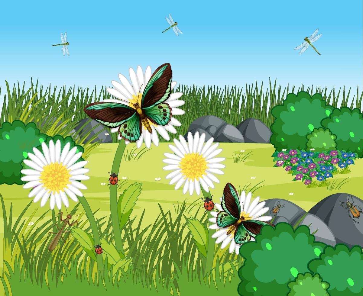 muchas mariposas con muchas flores en la escena del jardín vector