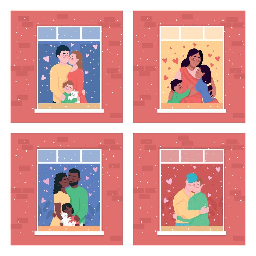 Happy family in home window flat color vector illustration set