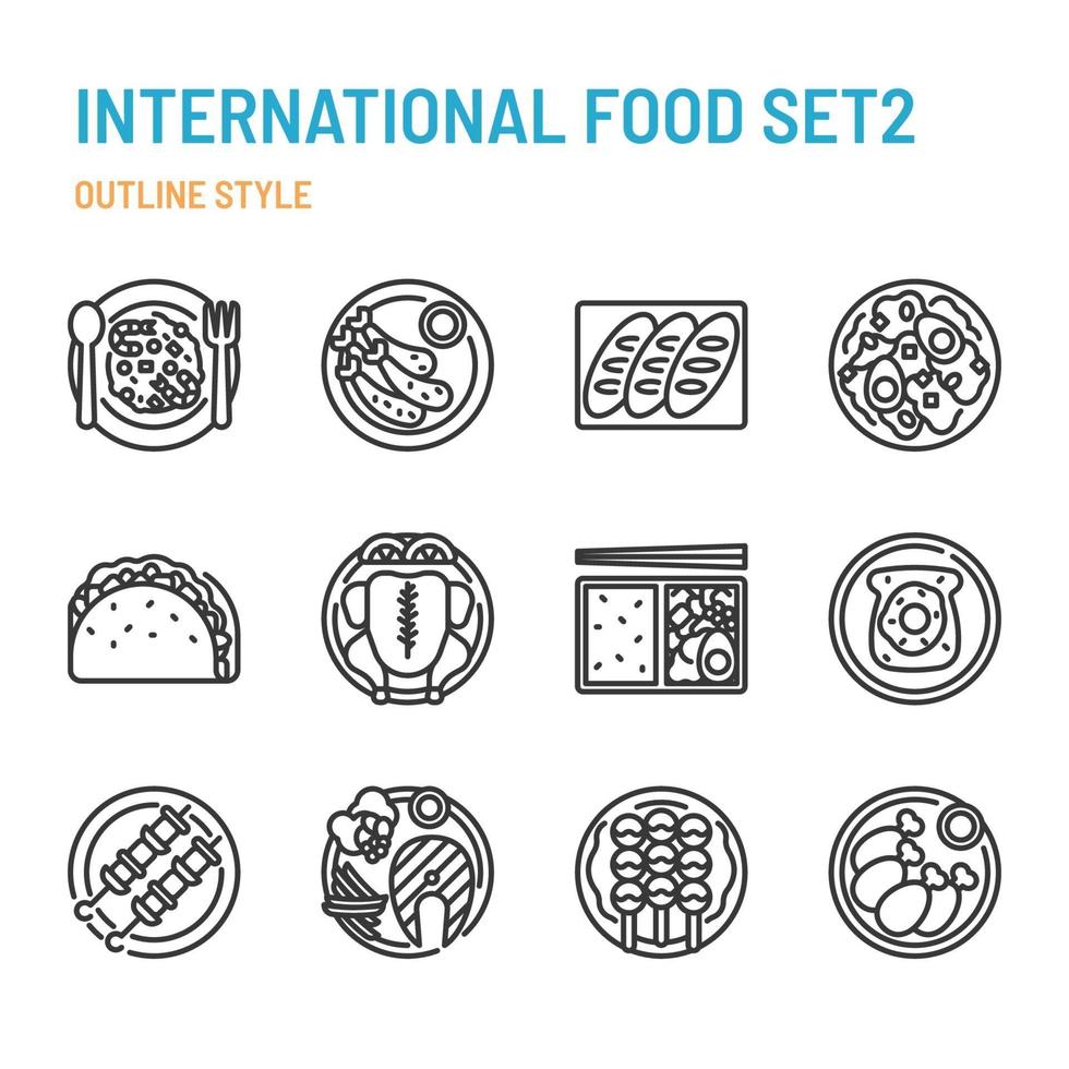 International cuisine in outline icon and symbol set vector