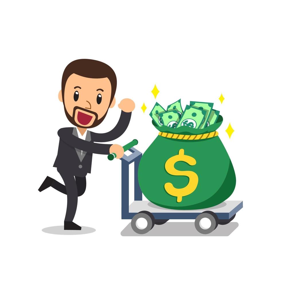 Cartoon vector businessman pushing big money bag