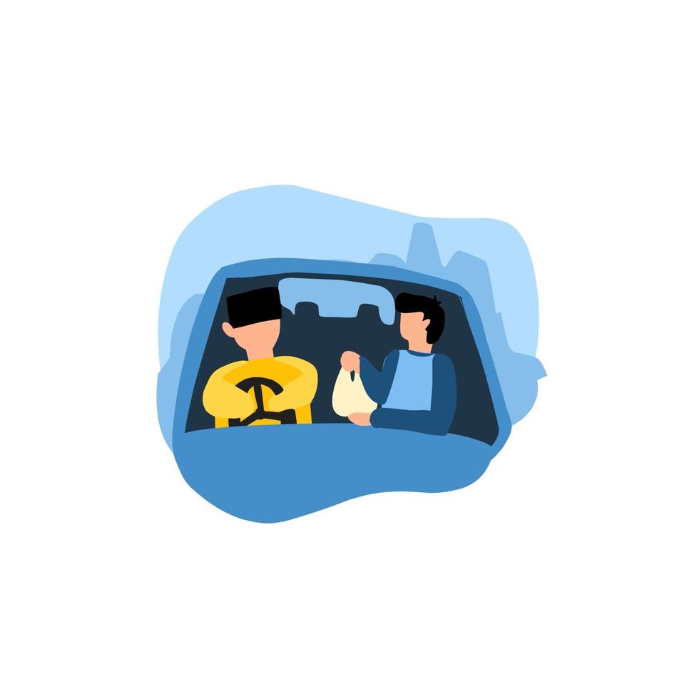 Happy Eid al Fitr Islamic Flat illustration with people in car vector