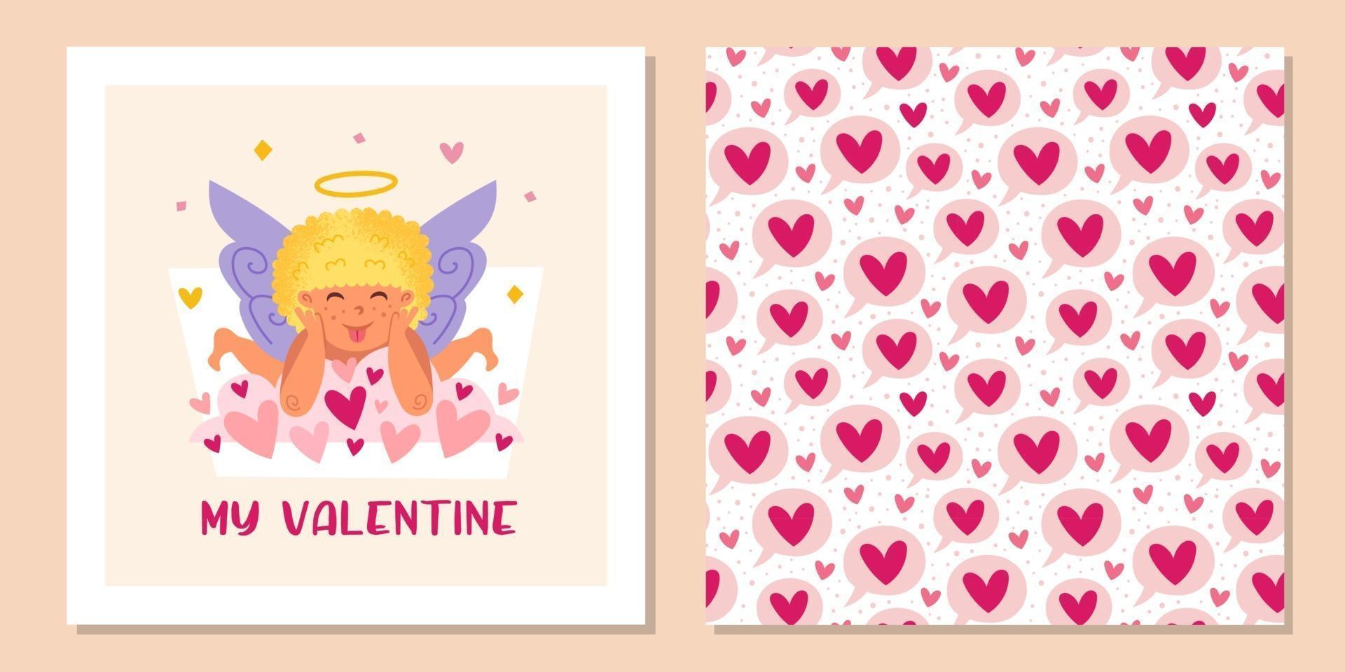 Cupido divertido con halo y corazones. ángel, querubines, niño, bebé. San Valentín de patrones sin fisuras, textura, fondo. plantilla de diseño de tarjetas de felicitación. vector
