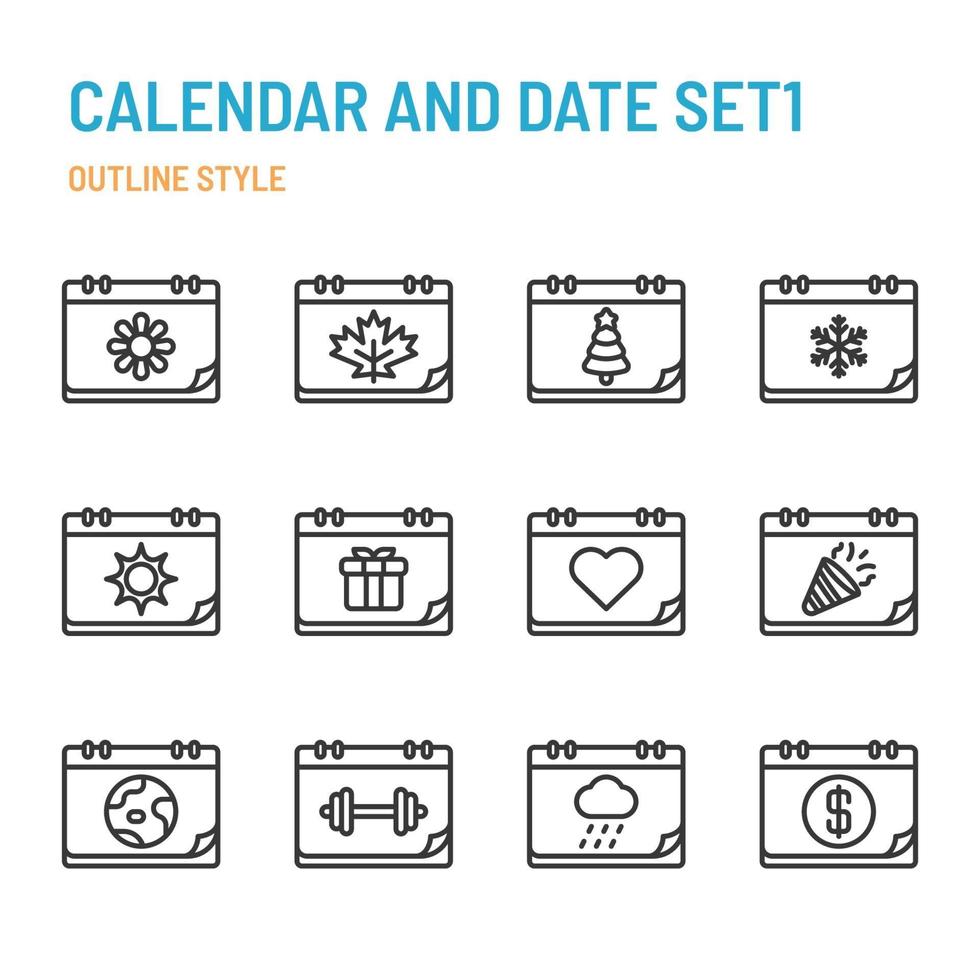 Calendar and Date in outline icon and symbol set vector