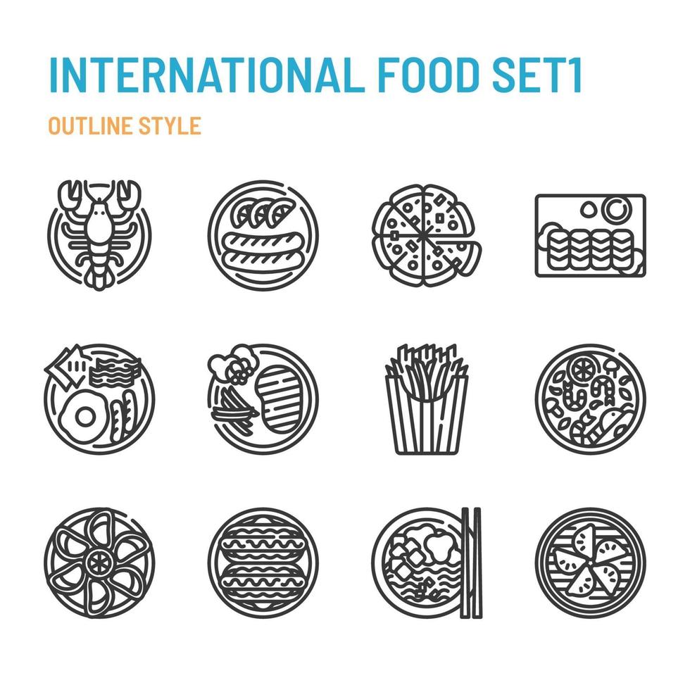 International cuisine in outline icon and symbol set vector