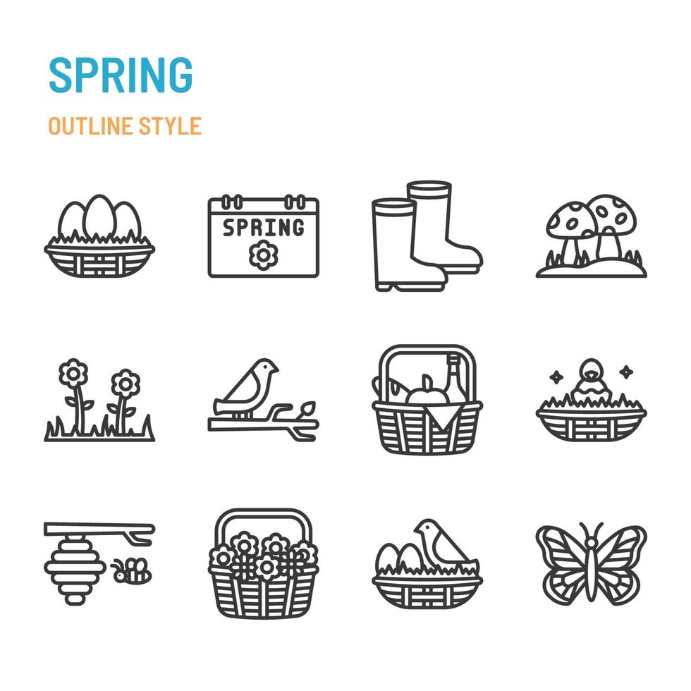 temporada de primavera en el conjunto de iconos y símbolos de contorno vector