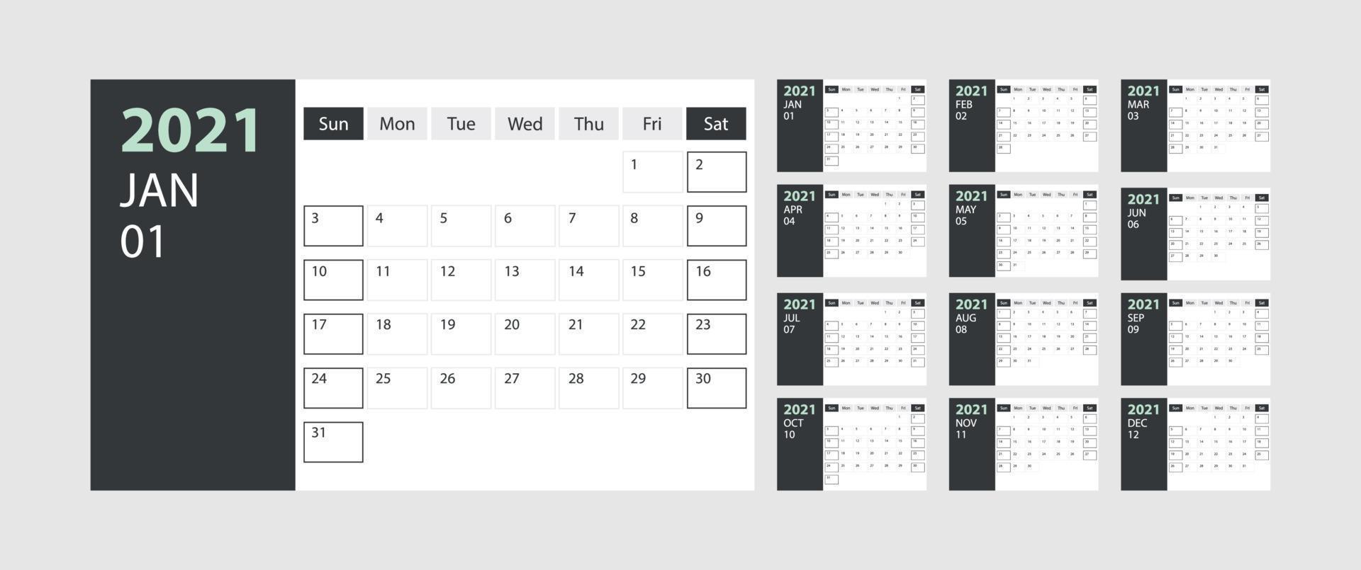 Calendar 2021 week start Sunday corporate design planner template with green and gray theme vector