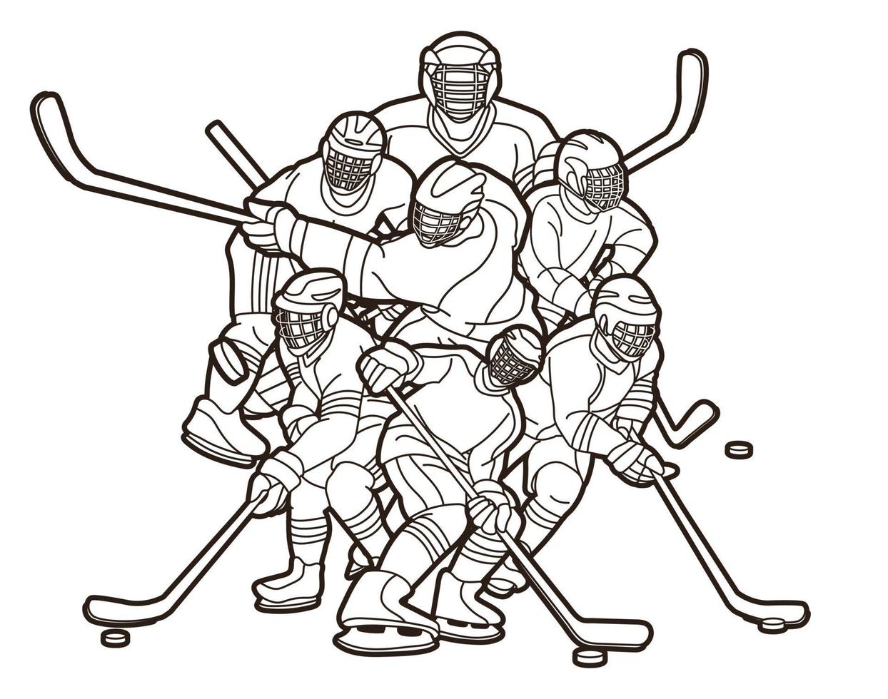Group of Ice Hockey Players Action Outline vector