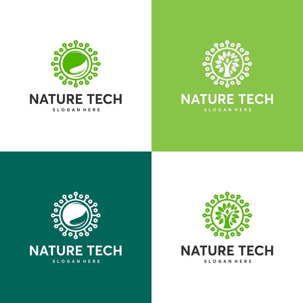 conjunto de plantilla de logotipo de tecnología de naturaleza, concepto de logotipo de tecnología verde, tecnología de crecimiento, símbolo de logotipo de árbol tecnológico vector