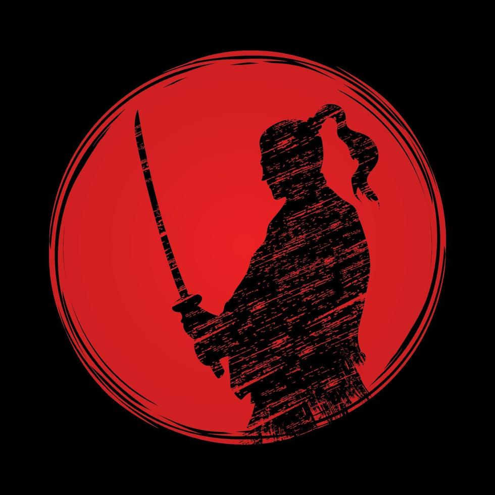 silueta de guerreros samurai en el fondo del atardecer vector