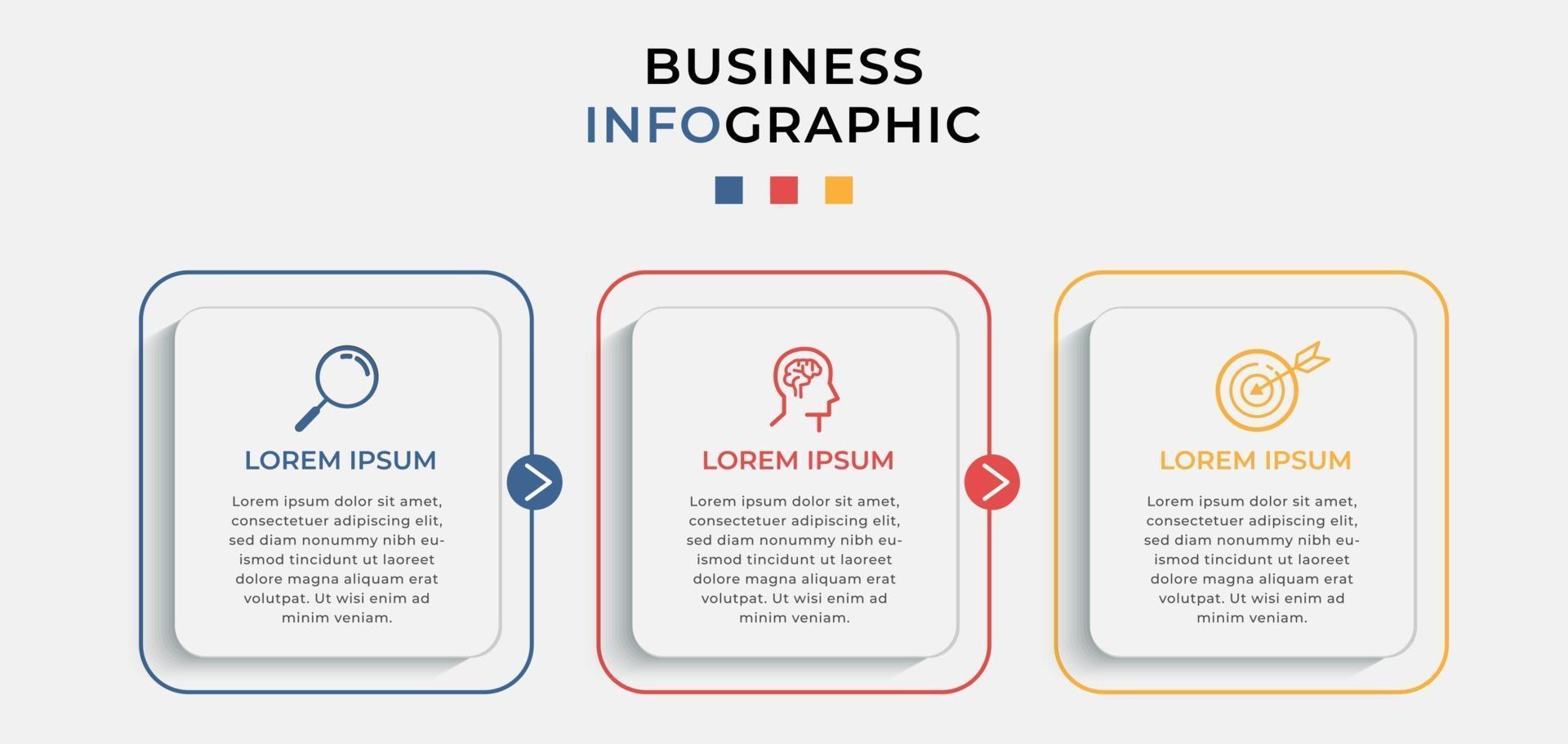 Plantilla mínima de infografías de negocios. línea de tiempo con 3 pasos, opciones e iconos de marketing vector