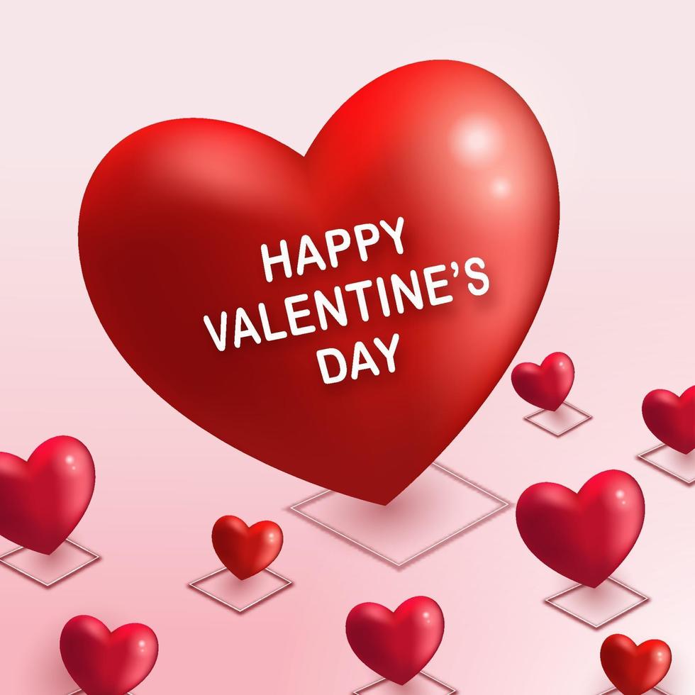 Big red heart shape and many small hearts on pink floor as location pin with Happy Valentines Day text. 3D depth isometric like vector illustration. Love event and romantic wedding theme.