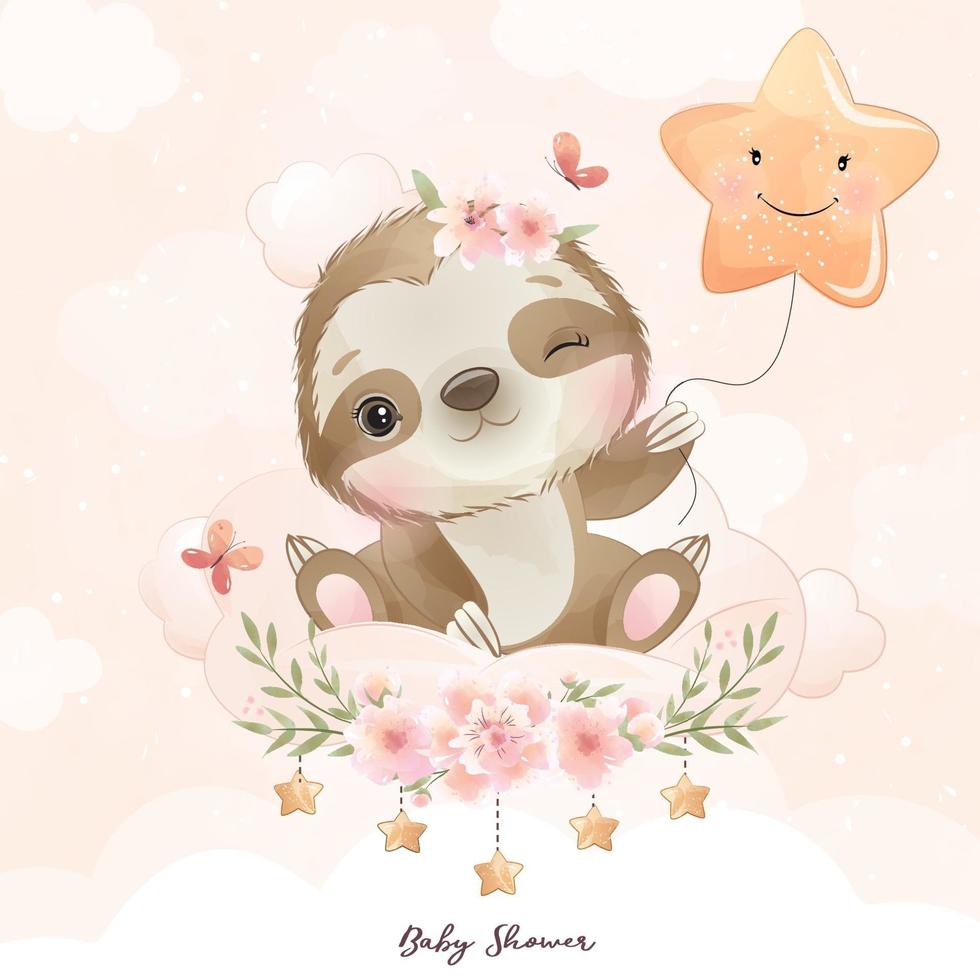 Cute doodle sloth with floral illustration vector