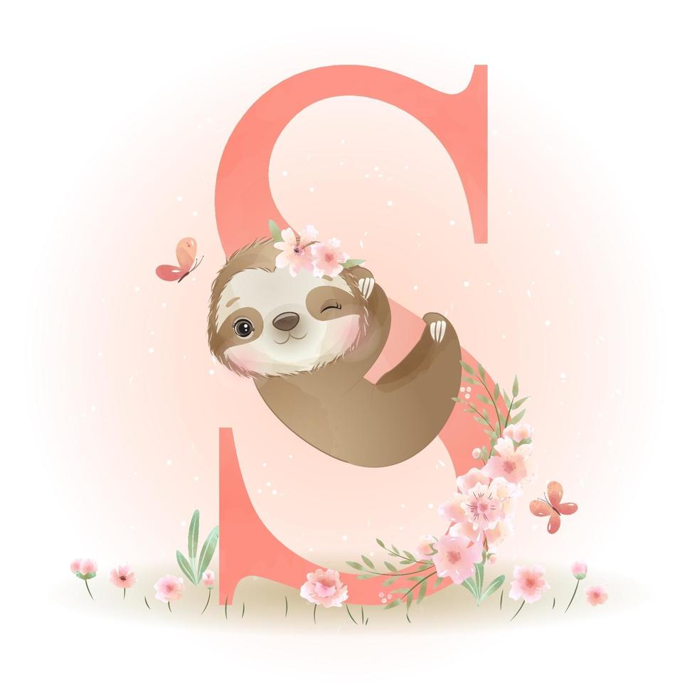 Cute doodle sloth with floral illustration vector