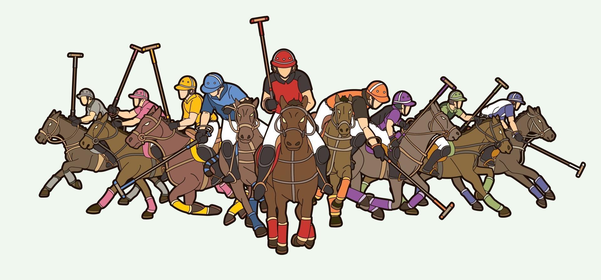 Poses de acción de caballos y jugadores de polo. vector