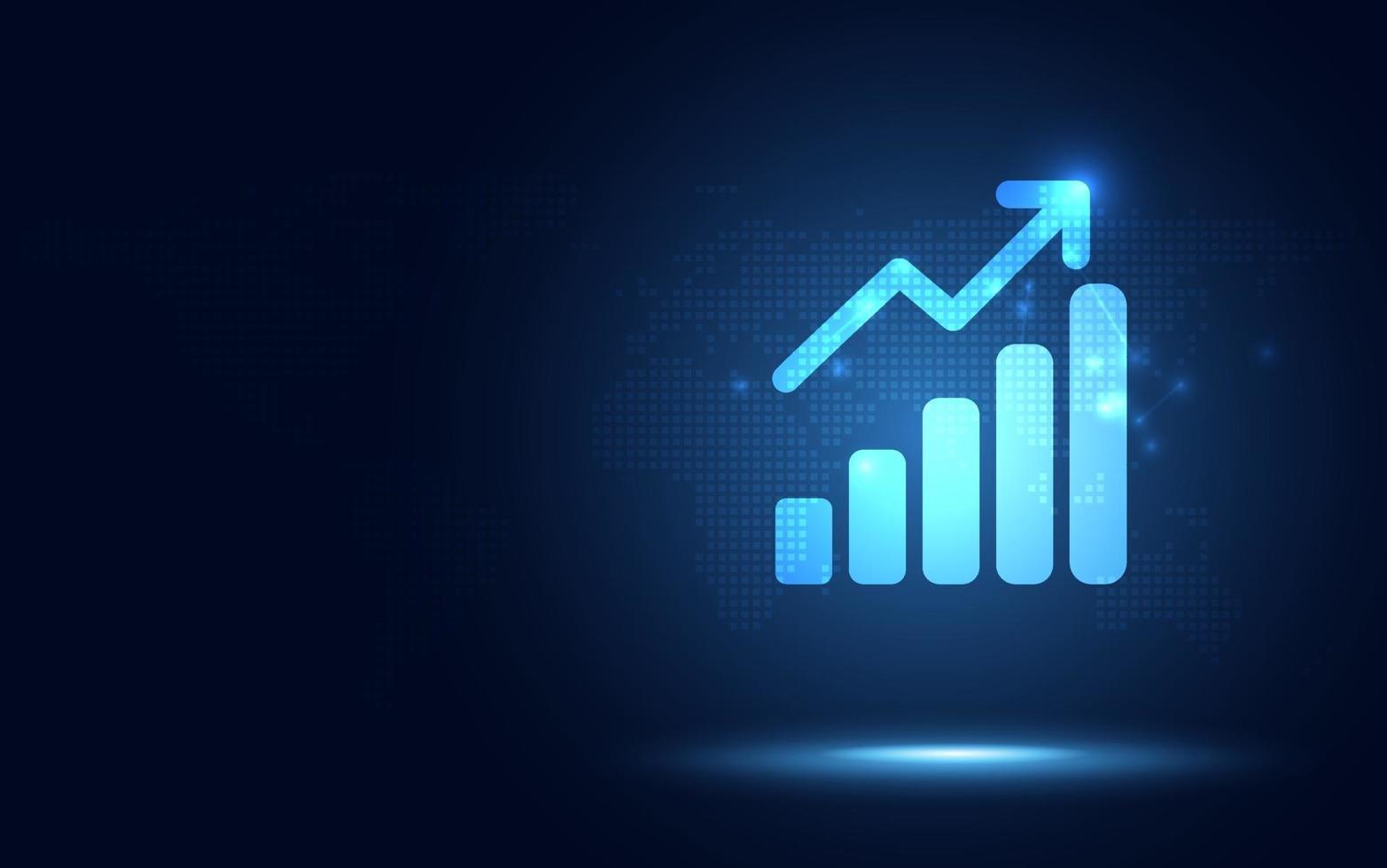 Futuristic raise arrow with bar chart graph digital transformation abstract technology background. Big data and business growth currency stock and investment economy market share concept. vector