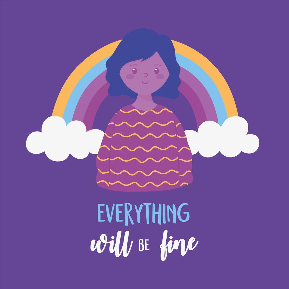 coronavirus messages, smiling girl with rainbow and everything will be fine lettering vector