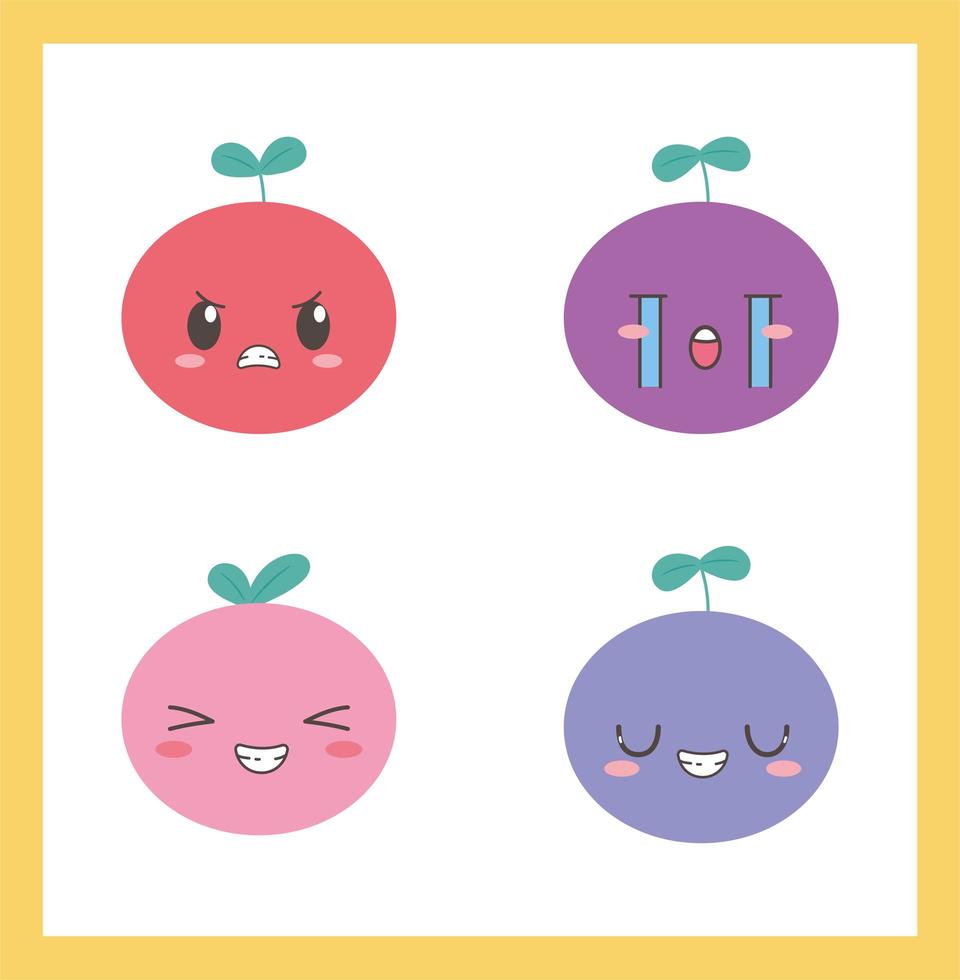 Cartoon kawaii fruits with different faces expressions vector