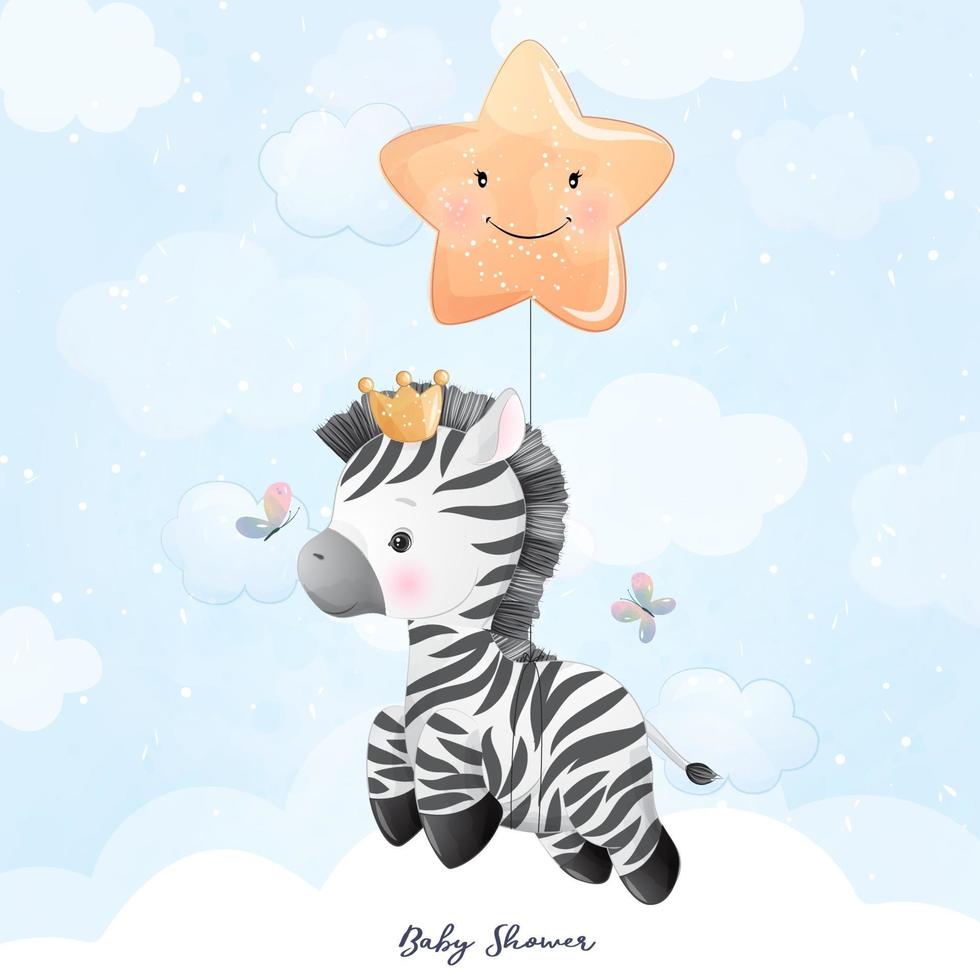 Cute doodle zebra with floral illustration vector