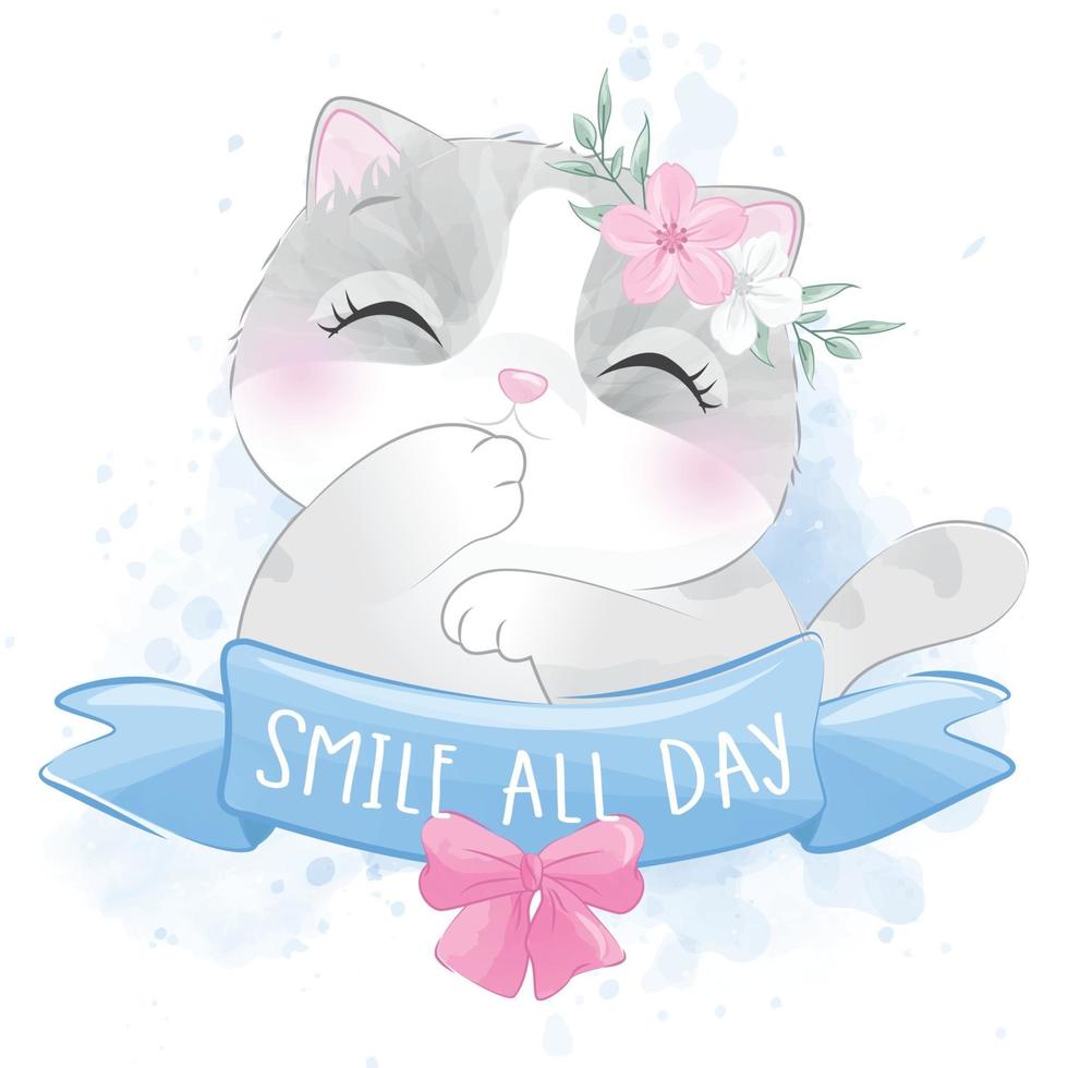 Cute little kitty with watercolor illustration vector